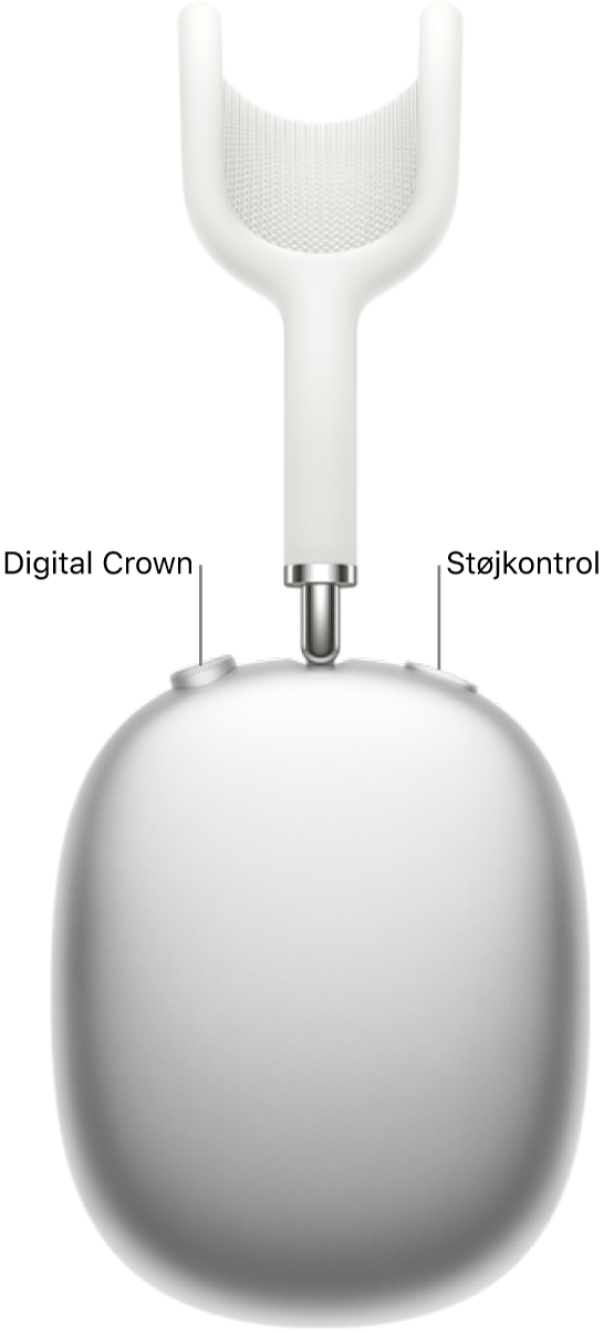 Den højre AirPods Max-hovedtelefon med Digital Crown på den øverste venstre del af hovedtelefonen og knappen Støjkontrol øverst til højre.