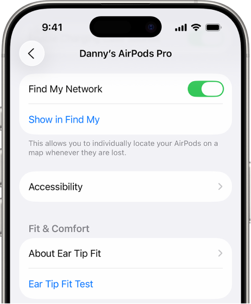 Bluetooth settings on an iPhone showing options for AirPods Pro. The Find My Network option is on, which allows AirPods to be located individually on a map whenever they’re lost.