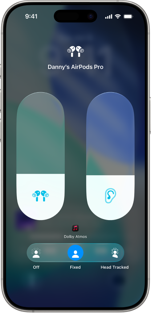 The volume screen in Control Center showing the volume level for AirPods Pro. Below the volume indicator, the Spatial Audio options are showing. The options are Off, Fixed, and Head Tracked.