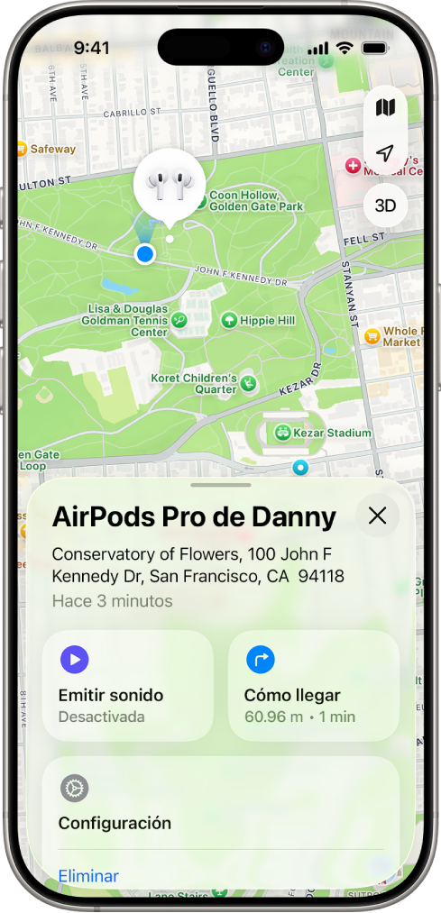 La pantalla de la app Encontrar en un iPhone. La ubicación de unos AirPods Pro se muestra en un mapa de San Francisco, junto con una dirección y las opciones Reproducir un sonido, Cómo llegar y Configuración.