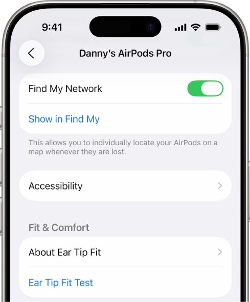 iPhone'i Bluetoothi seadetes kuvatakse AirPods Pro valikuid. Valik Find My Network on sees, mis võimaldab AirPodside asukohta nende kadumisel kaardilt ükshaaval tuvastada.
