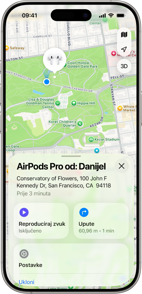 Zaslon aplikacije Pronalaženje na iPhoneu. Lokacija slušalica AirPods prikazana je na karti San Francisca s navedenom adresom te opcijama Reproduciraj zvuk i Upute.