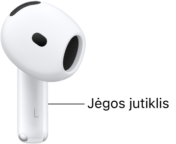 „AirPods 4“ jėgos jutiklis yra abiejų „AirPods“ ausinių kojelėse.