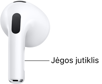 „AirPods 3“ jėgos jutiklis yra abiejų „AirPods“ ausinių kojelėse.