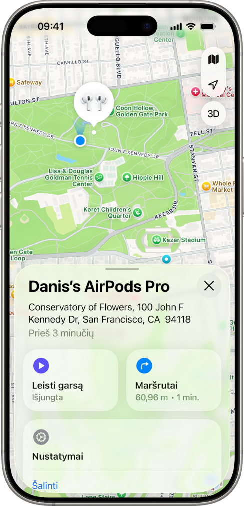 „iPhone“ programos „Lokatorius“ ekranas. „AirPods Pro“ vieta rodoma San Fransisko žemėlapyje: nurodytas adresas ir pateiktos parinktys „Leisti garsą“, „Maršrutai“ bei „Nustatymai“.