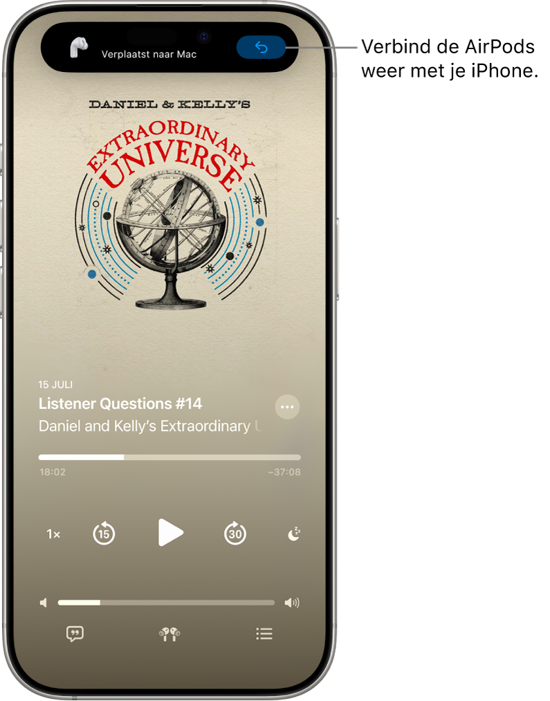 Het toegangsscherm op de iPhone, met bovenin het bericht "Verplaatst naar Mac" en een knop waarmee je de AirPods weer verbinding laat maken met je iPhone.
