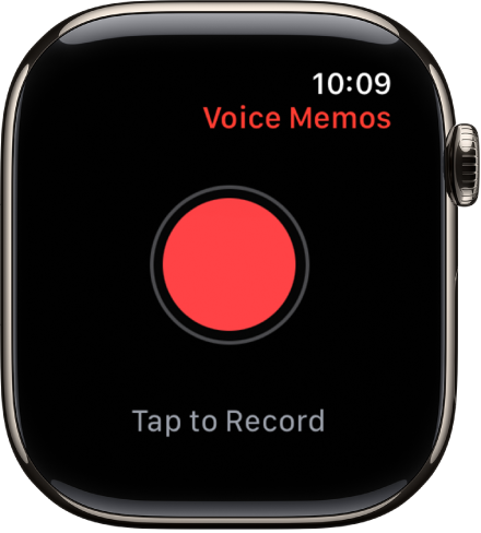 Apple Watch تعرض شاشة المذكرات الصوتية. زر تسجيل باللون الأحمر يظهر بالقرب من الأعلى. تظهر مذكرة مسجلة أدناه. تعرض وقت التسجيل ومدته.