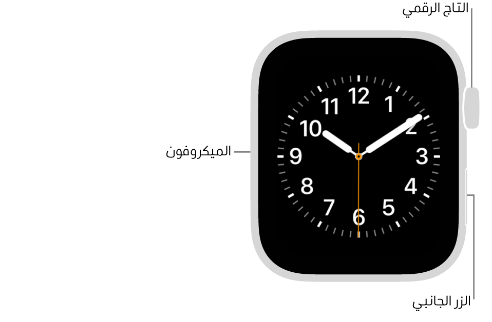 الجزء الأمامي من Apple Watch SE 3 وتظهر به شاشة العرض التي تعرض واجهة الساعة والتاج الرقمي والميكروفون والزر الجانبي من أعلى إلى أسفل على جانب الساعة.