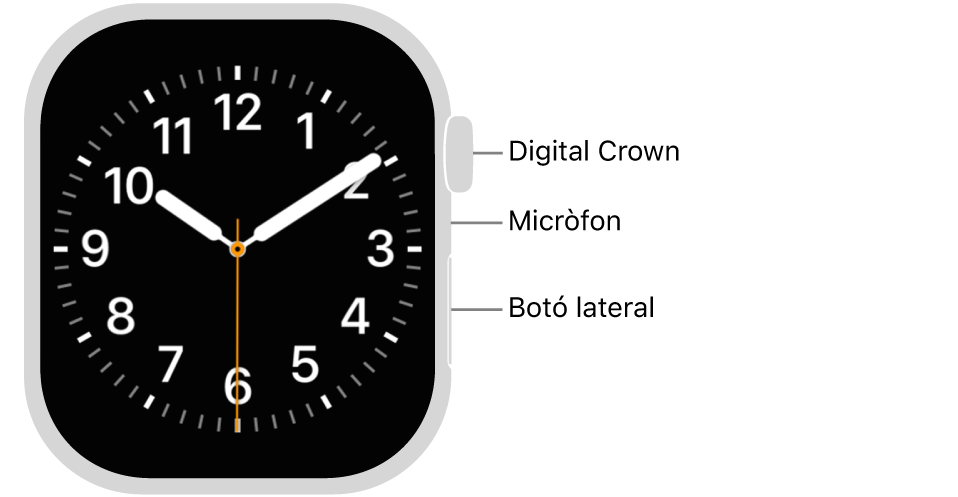 La part de davant de l’Apple Watch Series 11 mostra la pantalla amb l’esfera del rellotge. A la part lateral del rellotge començant per dalt hi ha la Digital Crown, el micròfon i el botó lateral.
