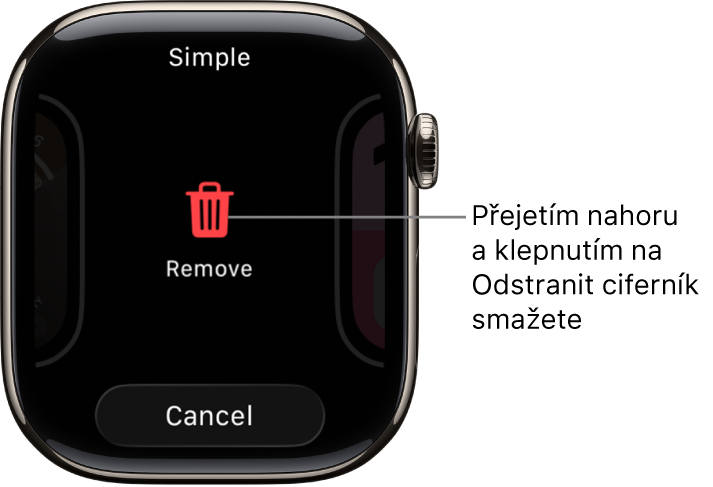 Obrazovka hodinek Apple Watch s tlačítky Odstranit a Zrušit, která se zobrazí potom, co přejedete na některý ciferník a pak přes něj přejedete nahoru, abyste ho smazali.
