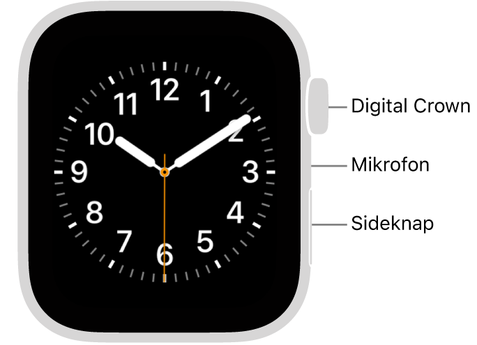 Forsiden af Apple Watch SE 3, hvor skærmen viser urskiven og Digital Crown, mikrofonen og sideknappen fra top til bund på siden af uret.