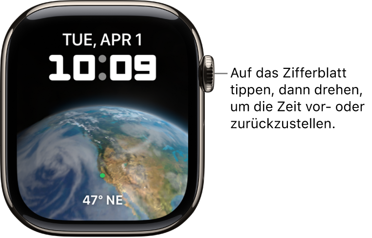 Auf dem Zifferblatt „Astronomie“ werden Wochentag, Datum und aktuelle Uhrzeit angezeigt. Unten ist die Komplikation „Timer“ zu sehen. Tippe auf das Zifferblatt und drehe dann die Digital Crown, um in der Zeit vor- oder zurückzugehen.