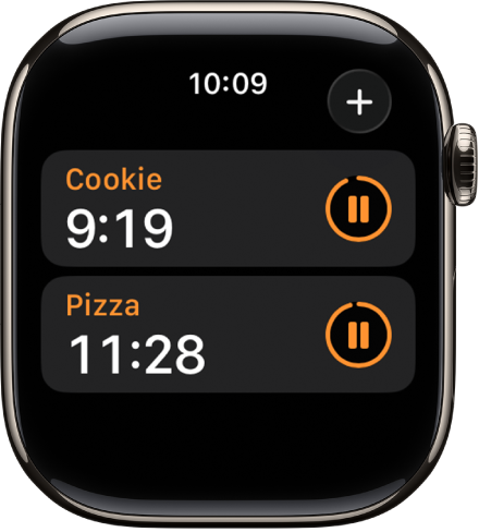 Zwei Timer in der App „Timer“. Jeder Timer zeigt die verbleibende Zeit unter dem Namen des Timers sowie rechts neben dem Timer eine Pausetaste. Oben rechts befindet sich die Taste „Hinzufügen“.