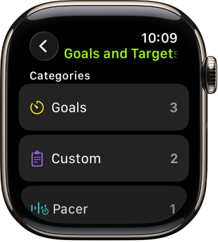 The Workout app showing created goals, Custom Workouts, and a Pacer workout.