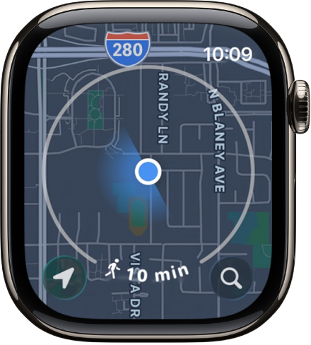 The Maps app with a circle around the current location, representing a seven-minute walking radius. A Location button is at the bottom left and a Search button is at the bottom right.