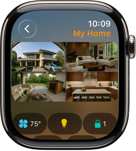 The Home app screen showing four camera views. Along the bottom are buttons for climate controls, lighting accessories, and locks.