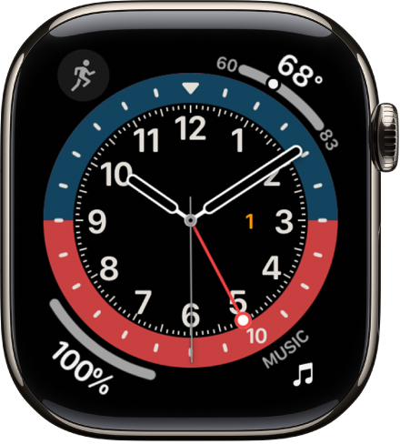 The GMT watch face, where you can adjust the face color. It shows four complications: Workout at the top left, Translate at the top right, Messages at the bottom left, and Music at the bottom right.