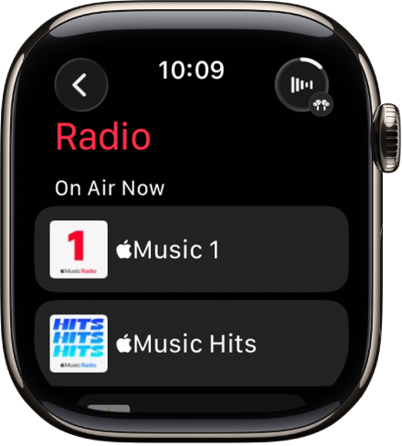 The Radio screen showing three Apple Music stations. The Now Playing button is at the top right. The Back button is at the top left.