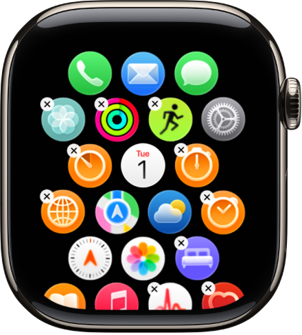 The Arrangement screen in the Apple Watch app showing a grid of icons.