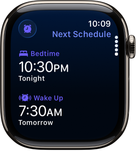The Sleep app on Apple Watch showing the evening’s sleep schedule. Bedtime appears at the top, and Wake Up time is below it.