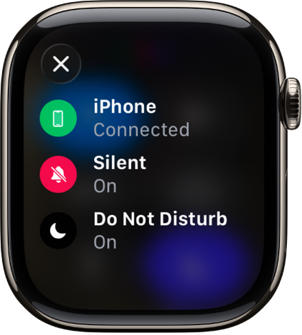 The status details showing iPhone connected, Location being used by Messages, Silent Mode turned on, and Do Not Disturb turned on.