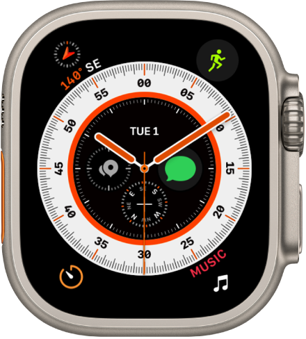The Wayfinder watch face showing an analog clock, with the Battery complication at the top left, Workout at the top right, Timers at the bottom left, and Music at the bottom right. There are four complications near the middle of the watch face—Date at the top, Earth at the right, Compass at the bottom, and Compass Waypoints at the left.
