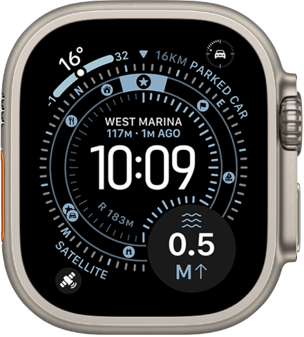 A screen showing the Orienteering watch face on Apple Watch Ultra, with the satellite complication in the bottom-right corner.