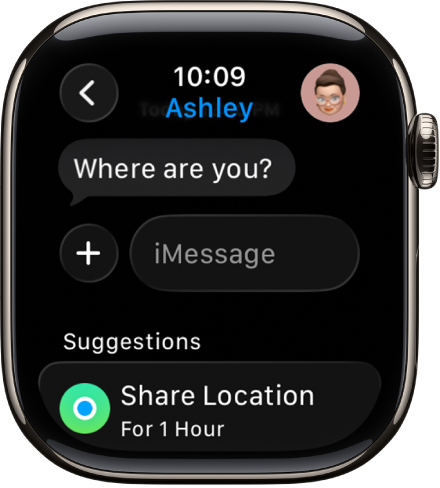 Apple Watch showing a conversation in the Messages app. A suggestion to share a location is at the bottom of the screen.