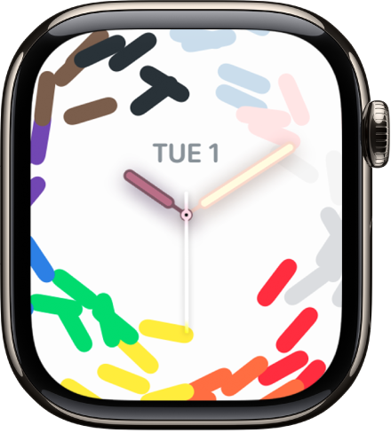The Pride Celebration watch face showing Pride colors as confetti and the date and time in the center.