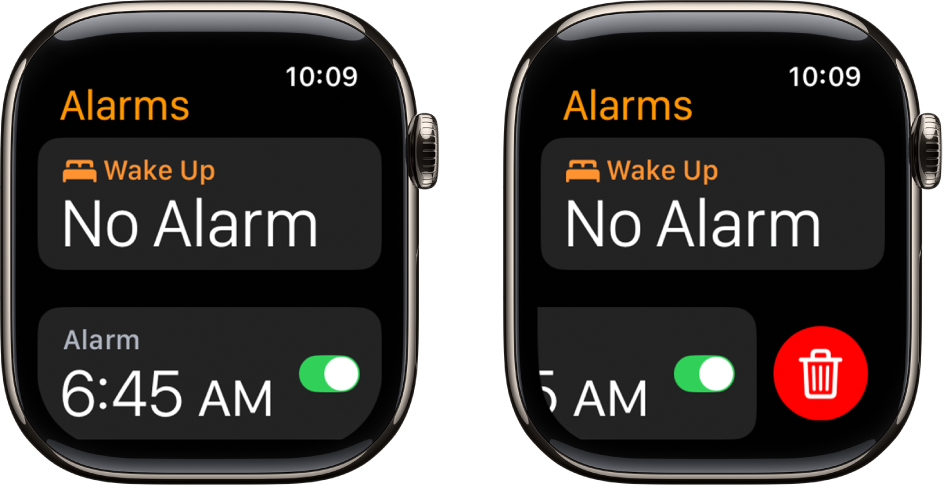 Two watch screens showing the process for deleting an alarm.