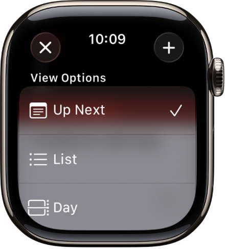 Calendar screen showing View Options—Up Next, List, and Day. The Add button is at the top right.