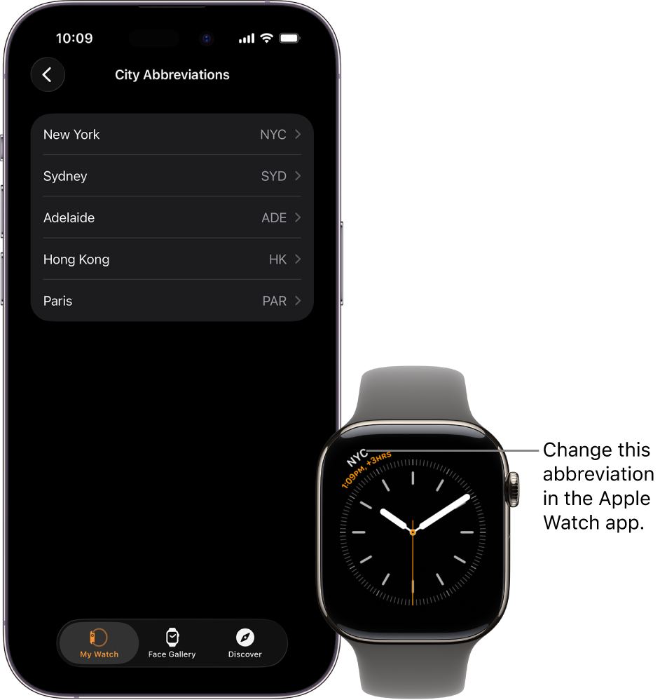 An iPhone and Apple Watch, side by side. The Apple Watch screen shows the time in New York City, using the abbreviation NYC. The iPhone screen shows the list of cities in Clock settings in the Apple Watch app.
