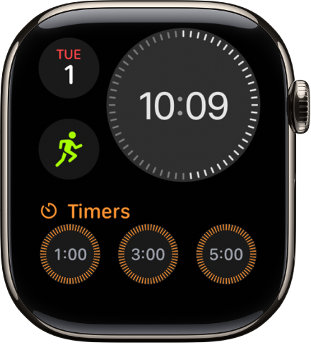 The Modular Compact watch face showing a digital clock near the top right, the day and date at the top left, and two complications: Workout at the middle left, and State of Mind at the bottom.