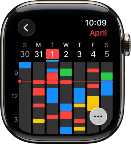 The Calendar app showing events for the week. Each event is color coded, indicating the calendar it belongs to. The name of the month is at the top right and the days and dates are spread across the top. All day events are marked with a bar below each day’s date. A line across the week indicates the current time. The More button is at the bottom right.