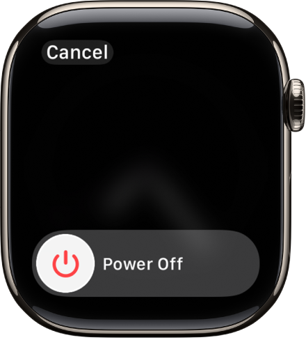 The Apple Watch screen showing the Power Off slider. Drag the slider to turn off Apple Watch.
