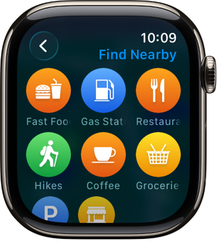 A Maps screen showing categories of locations.