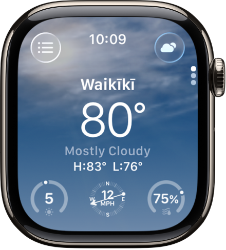 The Weather app showing an overview of the day’s weather. The location’s name appears above the current temperature. Three buttons are at the bottom—UV Index, Wind Speed, and Precipitation. The Location List button is at the top left and the Conditions button is at the top right.