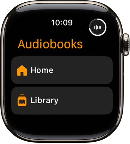 The Audiobooks app showing the Home and Library buttons.