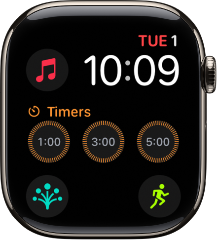 Modular watch face showing the date and time at the top right, and six complications: Earth at the top left, Timers in the middle, and Workout, Compass, and State of Mind along the bottom.