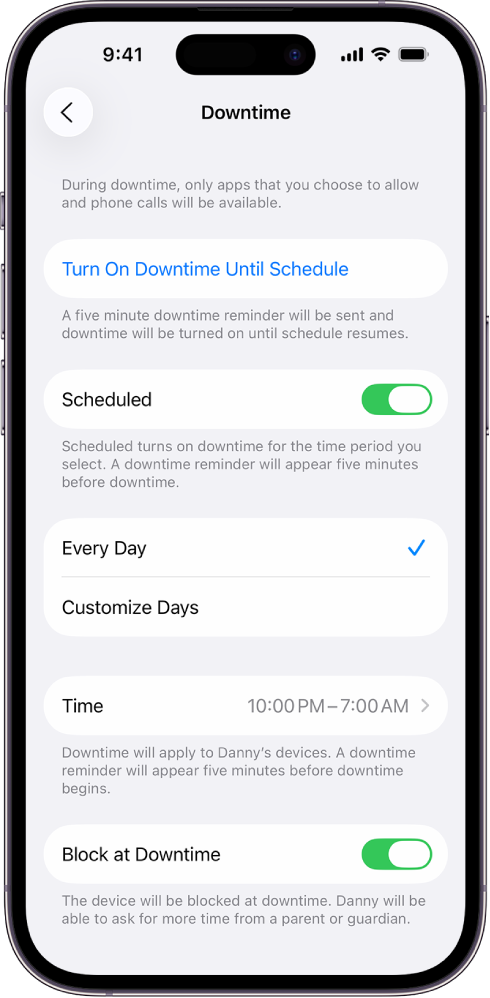iPhone showing the Downtime setup screen. A Scheduled switch is near the top. Every Day and Customize Days options appear below that, with Every Day selected. From and To hours are in the middle of the screen and a Block at Downtime button is near the bottom.