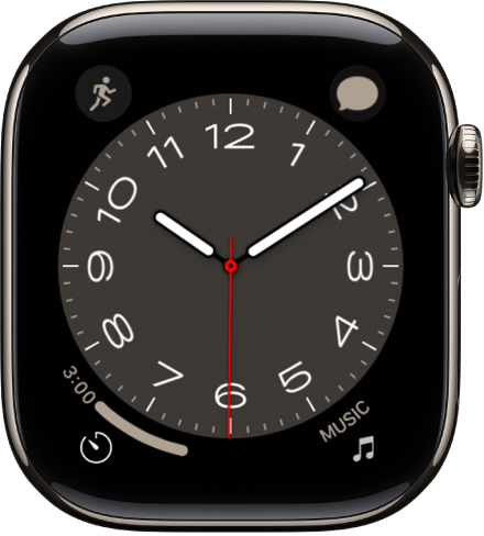 The Metropolitan watch face, where you can turn the Digital Crown to change the look of the type. It shows four complications—Workout at the top left, Music at the top right, Timer at the bottom left, and the date at the bottom right.