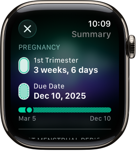 A screen in the Cycle Tracking app showing a pregnancy summary, with a gestational age and due date at the center of the screen.
