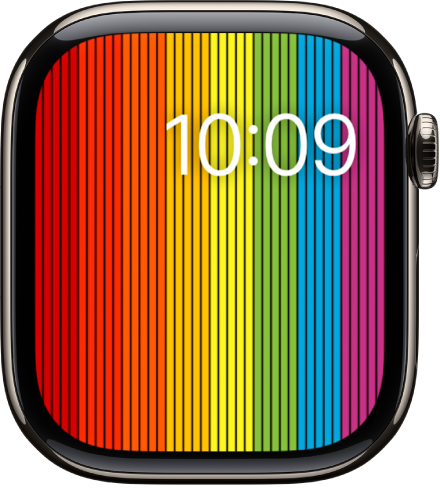 The Pride Digital watch face showing vertical rainbow stripes with the date and time at the top right.