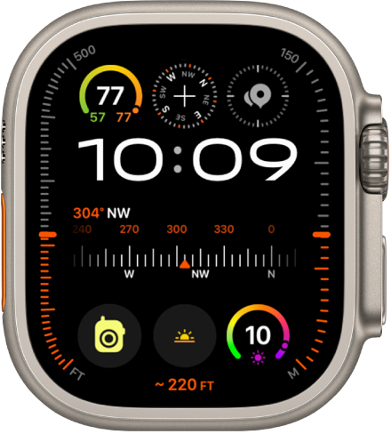 The Modular Ultra watch face showing elevation on the left and right (feet on the left and meters on the right), Music, Compass, and Compass Waypoints complications along the top, a digital clock below, a Compass Heading complication in the middle, and the Messages, Sunrise, and Workout complications near the bottom. At the very bottom is the current elevation.