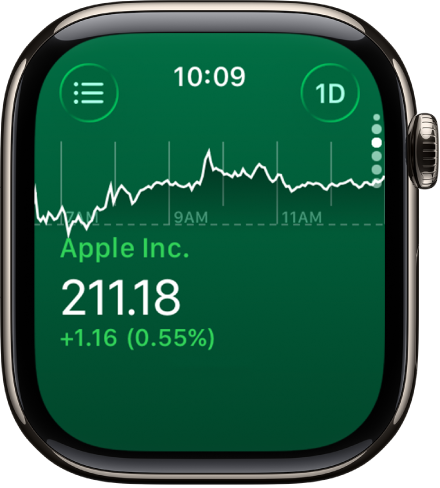 Information about a stock in the Stocks app. A large graph showing the stock’s progress over a month appears in the middle of the screen.