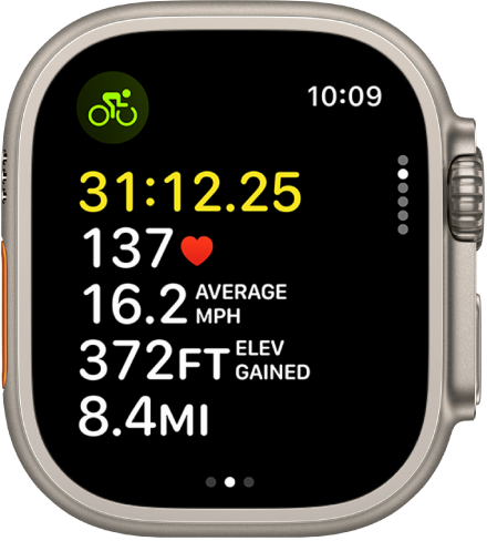 A cycling workout in progress shows the workout’s elapsed time, heart rate, average speed, elevation gained, and total distance.