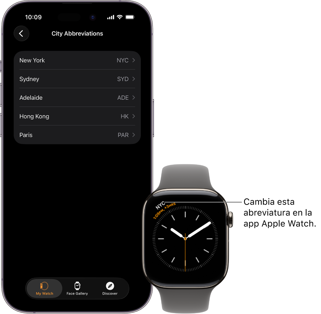 Un iPhone y un Apple Watch lado a lado. La pantalla del Apple Watch muestra la hora de la ciudad de Nueva York, usando la abreviatura NYC. La pantalla del iPhone muestra la lista de ciudades en la configuración Reloj en la app Apple Watch en iPhone.
