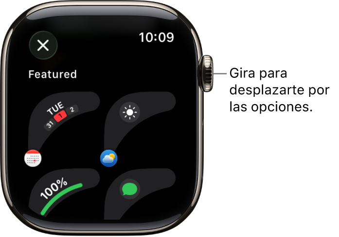 La pantalla personalizada de una carátula mostrando complicaciones destacadas. Gira la corona Digital Crown para explorar las complicaciones.