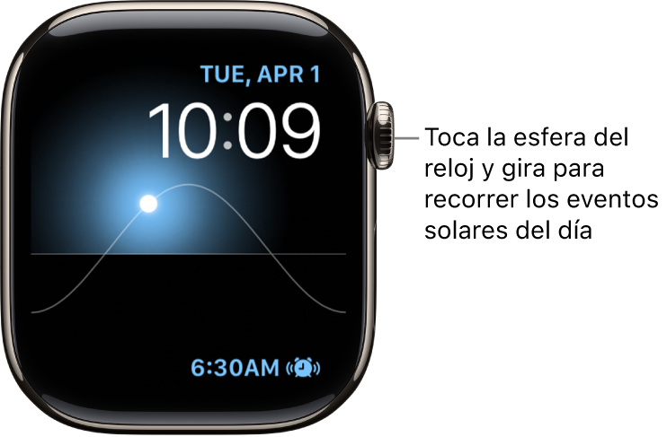 Esfera Gráfico Solar en la que se muestran el día de la semana, la fecha y la hora actual. Esta esfera no se puede personalizar. Abajo a la derecha se muestra una complicación Temporizador. Toca la esfera y gira la corona Digital Crown para cambiar la posición del sol a las fases de crepúsculo, amanecer, mediodía, puesta de sol o noche.