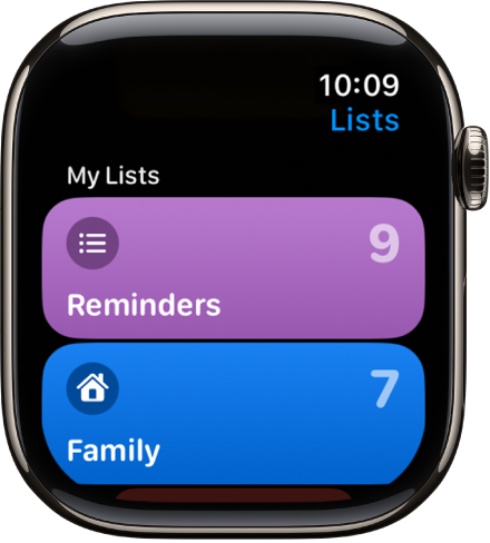 Rakenduse Reminders kuva Lists, milles on kaks loendinuppu – Family ja Work. Paremal olevad numbrid annavad teada, kui palju meeldetuletusi on igas loendis. Loendis olevate üksuste kuvamiseks puudutage seda või keerake rohkemate loendite kuvamiseks Digital Crowni.